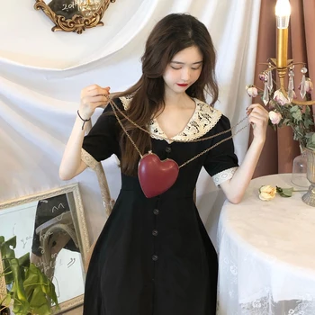 2020 Metų Vasaros Korėjos Retro Suknelė Teismas Stiliaus Nėrinių Skydelis Suknelė Plonas Juosmens Lėlės Apykaklės Vieną Krūtinėmis Pasakų Trumpomis Rankovėmis Suknelė