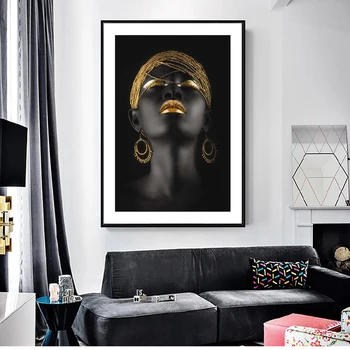 Afrikos Moteris Su Aukso Skarelė Sienos Menas Drobė, Tapyba, Modernus Juoda Mergina Pop Art Dekoratyvinis Drobė Spausdina Kambarį