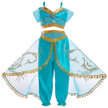 Arabijos Princesė Dress up Kostiumas Mergaitėms Vasaros Rankovių Blizgučiais Jazminų Cosplay Suknelės Vaikams Helovinas Fantazijos