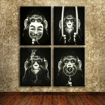 DDHH Namų Tapybos Sienos Menas 4 plokštės Nuotraukas Juodos Abstrakčios Beždžionė Modernios Sienos Nuotraukas Ant Drobės, Sienos Naftos Paveikslai Nėra Įrėminti