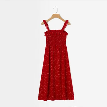 Elegantiška vintage dot vasaros suknelė raudona velniop kaklo aukštos juosmens, plonas raukiniai elastiniai biustas ins bloggers paplūdimio atostogų midi padalinta suknelė