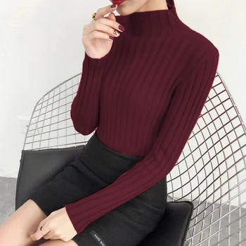 Korėjos Stiliaus Džemperis Moterims Aukšto Kaklo 2020 Atsitiktinis Šonkaulio Megztiniai Megztinis Gryna Spalva Visas rungtynes, Megztinis Džemperis Moterims Drabužių