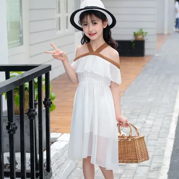 Korėjos Vaikų Princesė Suknelė Vasaros Atsitiktinis Balta Stebėjimo Mergaičių Suknelė Su Juosmens korėjos Stilių Vieną Petį