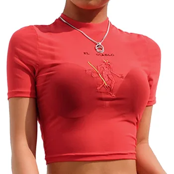 Mados raudona 2019 m. vasaros tinklelio viršuje moterų marškinėliai skaidrus laišką siuvinėjimo trumpomis rankovėmis marškinėlius seksualus apkarpyti viršūnes tees Camiseta