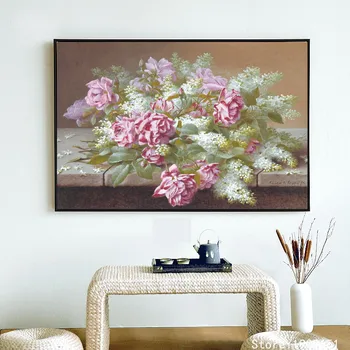 Medvilnės be rėmelio klasikinės rožinės spalvos geltona rožė gėlių drobės spaudiniai aliejaus tapybai atspausdintas ant medvilnės sienos meno apdailos nuotrauką