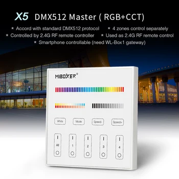 Miboxer X5 DMX512 Meistras RGB+BMT Touch Panel AC100~240V 4-Zona, DMX512 + 2.4 G Bevielio Grūdinto Stiklo Sienos Jungiklis, Nuotolinio Valdymo