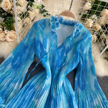 Naujų 2020 M. Moteris Sluoksniuotos Rankovėmis Elegantiška Suknelė Pavasarį, Rudenį V Kaklo Mėlynas Spausdinti Tvarstis Suknelė Ponios Kratinys Plisuotos Trumpą Suknelę