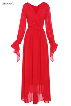 Raudona Spalva Motina Nuotakos Suknelės V-kaklo Iškirpte Visą Rankovėmis Grindų ilgio Chalatas de Soiree Oficialų ypatinga Proga Suknelės