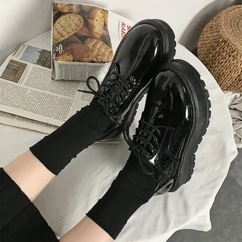 Suapvalinti Tne Lakinės Odos Platformos moterų batai 2019 m. pavasarį, rudenį Britų vėjo Retro Nėriniai-Up Guminis padas patogus moterų batai