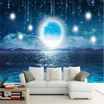Vandens didėja mėnulis šviesus dangus, žvaigždės, mėnulis kraštovaizdžio gyvenimo kambario sienos gamintojų, didmeninės tapetai, freskos pasirinktinius nuotraukų siena