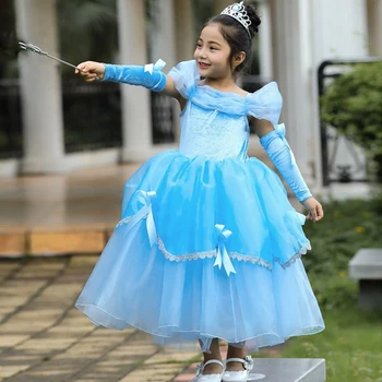 YOFEEL Merginos Princesė Cendrillon Dress up Kostiumas Vaikas Puoštas Sluoksniuotos Berankovis Suknelė Vaikai Šalis Helovinas Fancy Mėlynos Suknelės