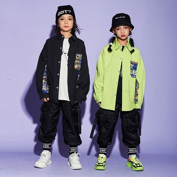 Žalia Hip-Hop Šokių Kostiumas Vaikams Modernus Dancewear 2 Gabalas Rinkiniai ilgomis Rankovėmis Kpop Apranga Veiklos Kostiumas Atsitiktinis Kelnės DL7345